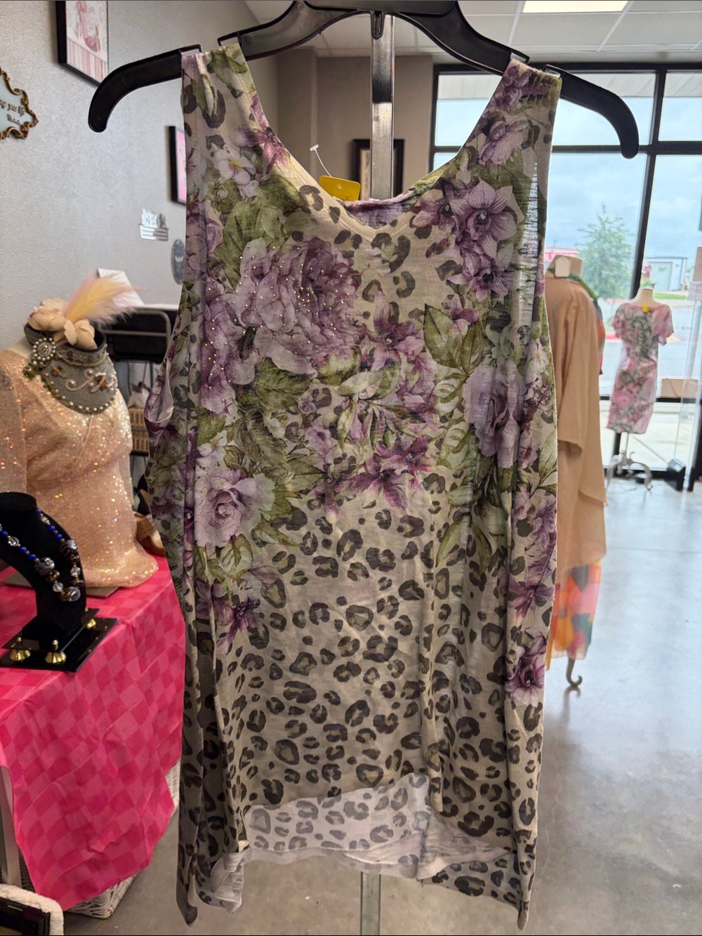 Time and Tru Floral & Leopard Print Sleeveless Top in Purple and Green